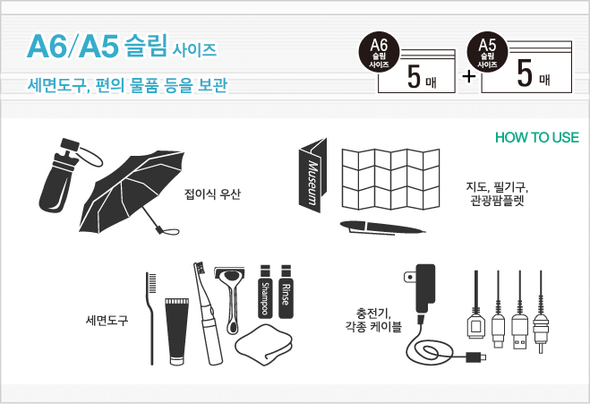 A6/A5 사이즈를 이용한 보관법 : 세면도구, 편의물품, 충전기, 각종 케이블 등을 보관