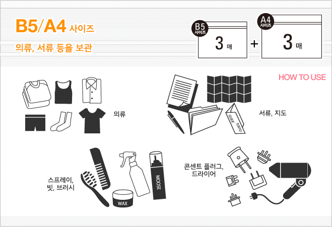 B5/A4 사이즈를 이용한 보관법 : 의류, 서류, 지도, 스프레이, 빗, 브러시, 콘센트 플러스, 드라이어 등을 보관